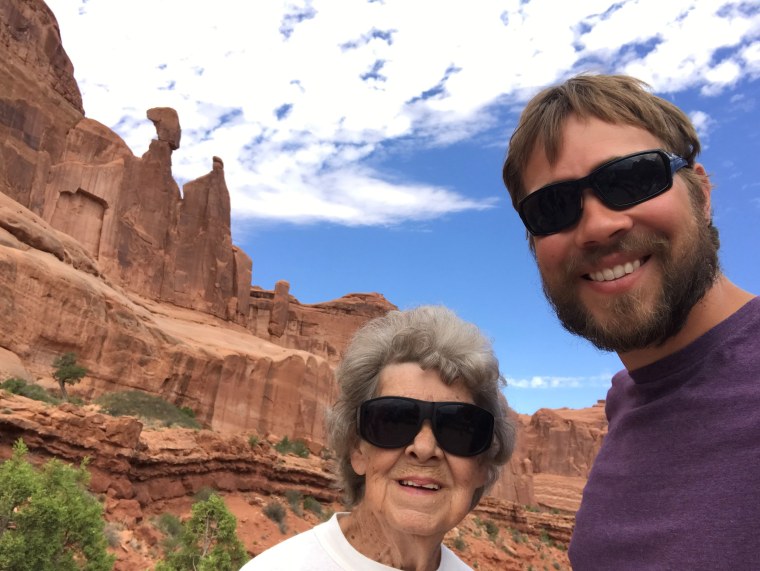 Brad and Grandma Joy at Arches National Park in Utah.