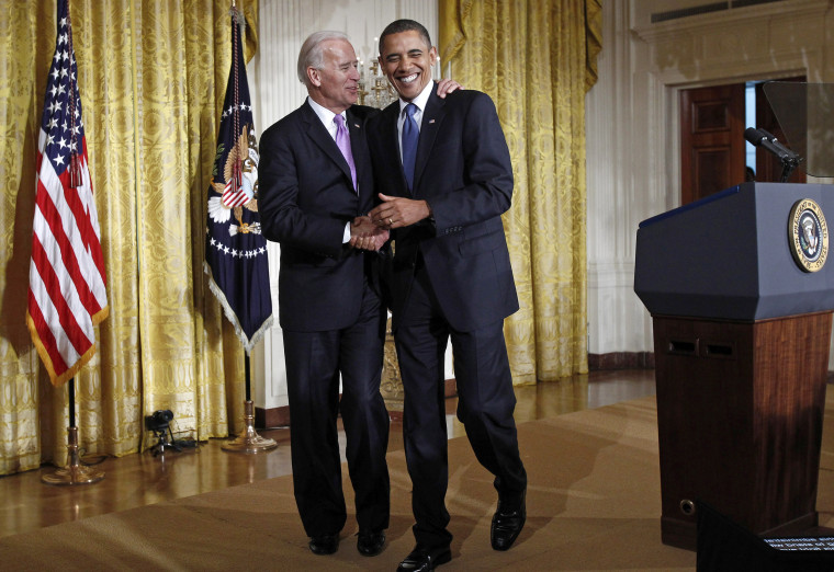 Image: U.S. President Barack Obama walks off stage with Vice President Joe Biden at an event marking Domestic Violence Awareness Month in the East Room of the White House in Washington, Oct. 27, 2010.