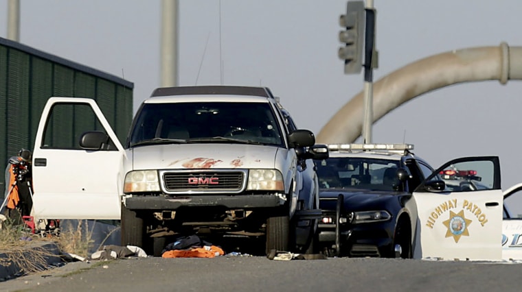 Image: Authorities investigate the scene of a fatal shooting on the Eastridge Avenue overpass on Interstate 216 in Riverside, Calif., on Aug. 12, 2019.
