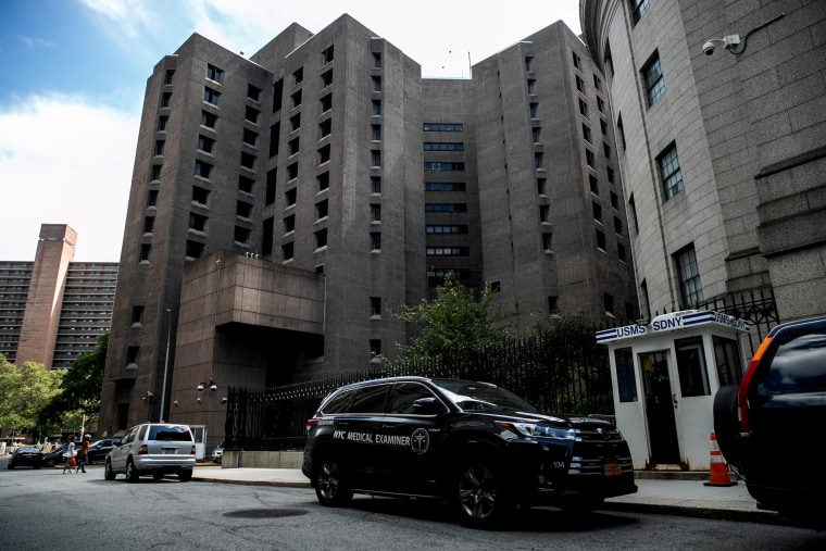 Image: A medical examiners vehicle outside the Metropolitan Correctional Center on Aug. 10, 2019.