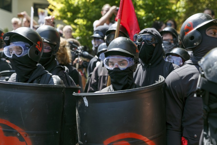 Counter-protesters prepare to clash with Patriot Prayer protesters during a rally in Portland, Ore., on Aug. 4, 2018.