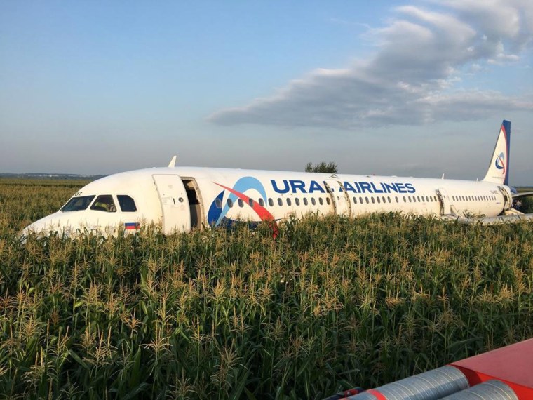 Image: An Ural Airlines Airbus 321 passenger plane following an emergency landing in a field near Zhukovsky International Airport in Moscow,