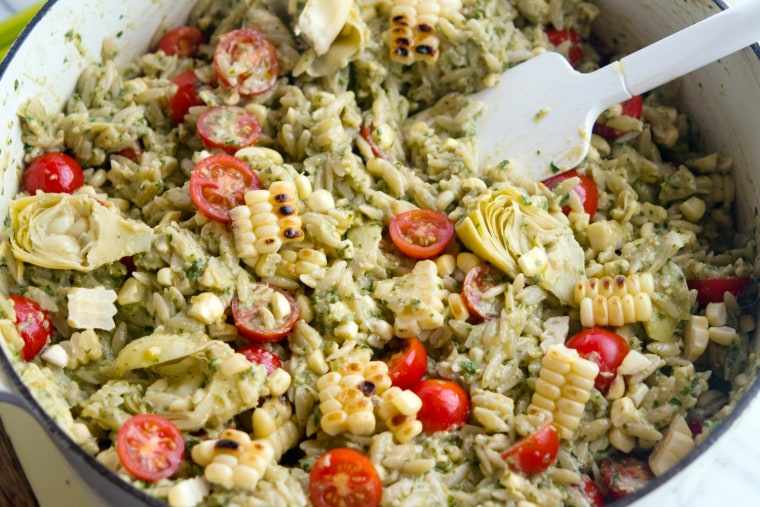 Orzo with Artichoke Pesto and Grilled Corn