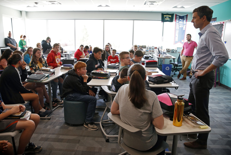 Image: Beto O'Rourke speaks to a student about gun violence at Berg Middle School in Newton, Iowa, on May 6, 2019.