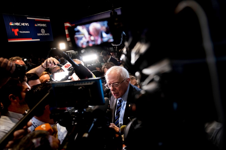 Image: Sen. Bernie Sanders, I-VT, speaks to the press after a Democratic presidential primary debate in Miami on June 27, 2019.