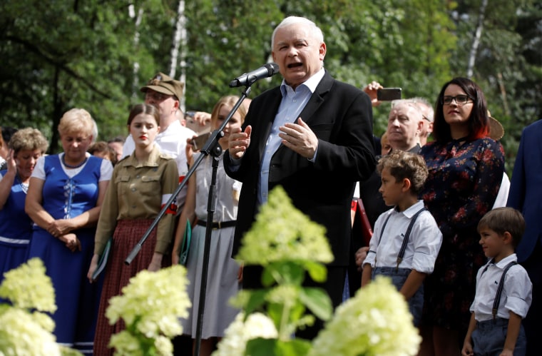 Image: Law and Justice (PiS) leader Jaroslaw Kaczynski speaks during an election meeting in Stalowa Wola