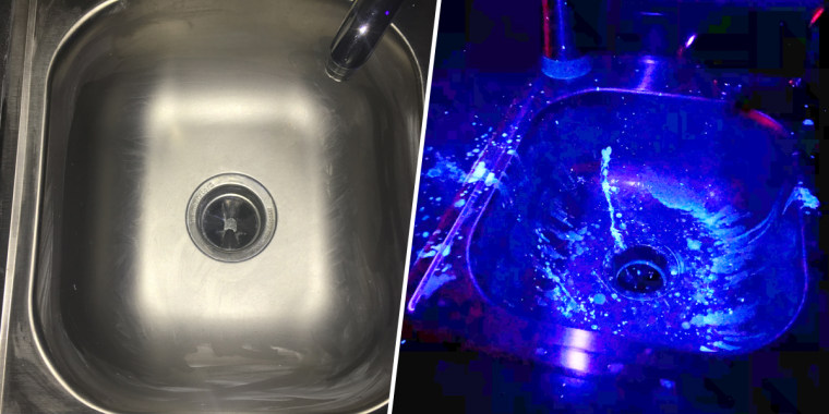 On the left, what appears to be a clean sink. On the right, a black light reveals contaminant that's splattered all over the sink, including the surrounding counter, after washing raw chicken.