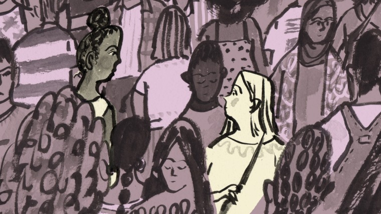 Illustration of a white woman and a black woman looking at each other in a group of people.