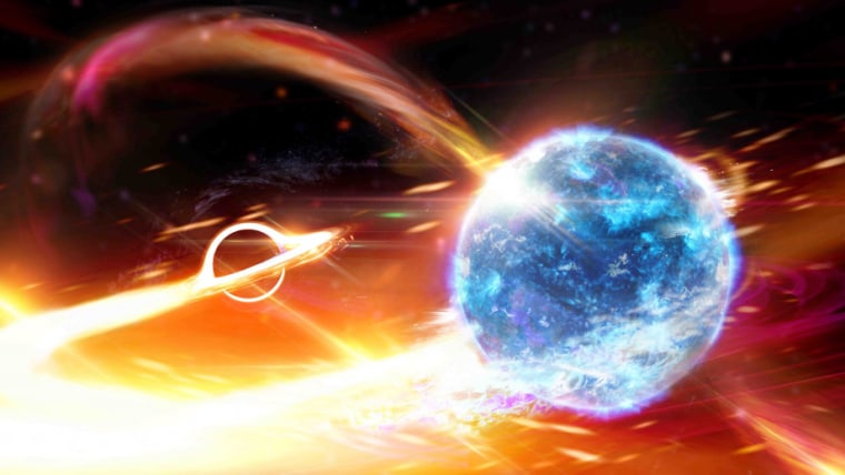 An artist's depiction of a black hole swallowing a neutron star.
