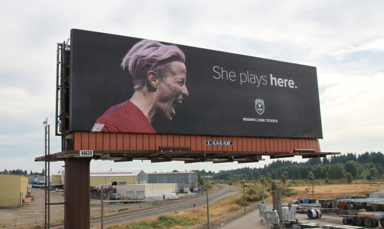 Image: A billboard featuring World Cup star and Reign FC player Megan Rapinoe in Tacoma, Wash.