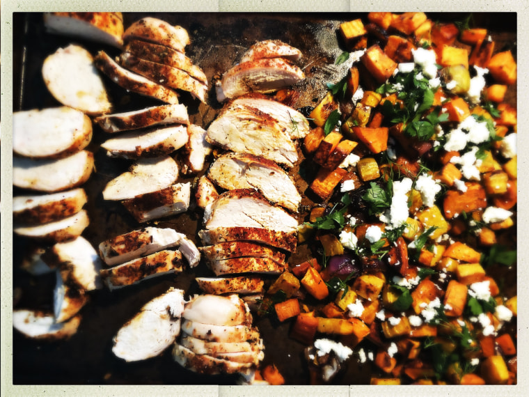 Keep it simple: A shee tpan dinner of roast turkey tenderloin, diced sweet potatoes/onions/carrots topped with chopped parsley and goat cheese