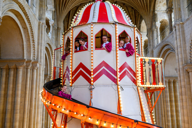 Image: Helter Skelter, a fairground attraction is seen as part of the launch of 'Seeing it Differently' project at Norwich Cathedral,