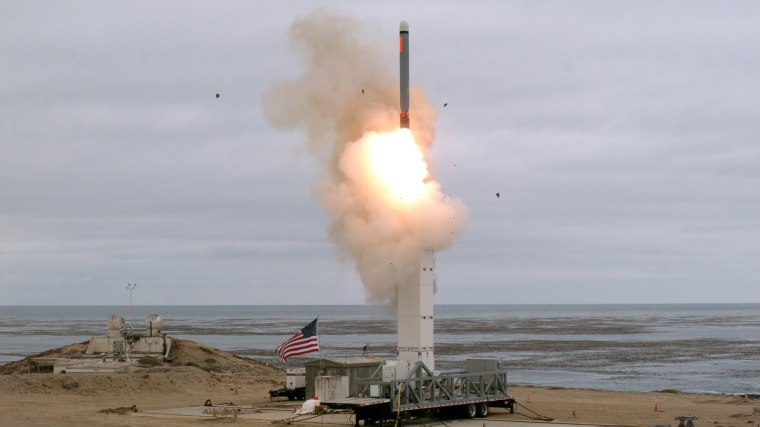 Image: A conventionally configured ground-launched cruise missile is launched by the U.S. Department of Defense during a test to inform development of future intermediate-range capabilities at San Nicolas Island