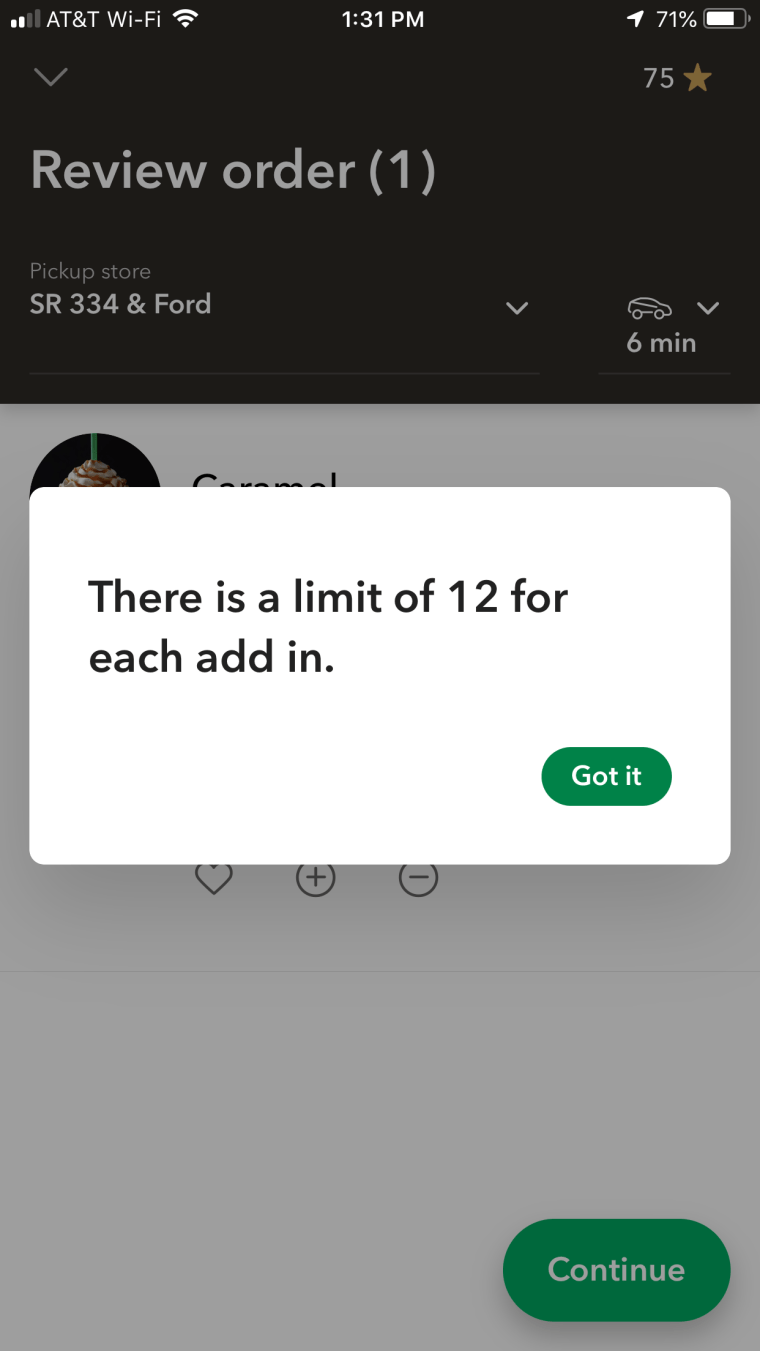 Starbucks app modifier limit