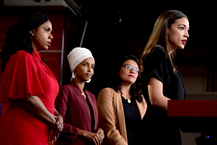 Image: Rep. Ayanna Pressley, Rep. Ilhan Omar, Rep. Rashida Tlaib, and Rep. Alexandria Ocasio-Cortez hold a news conference on Capitol Hill on July 15, 2019.