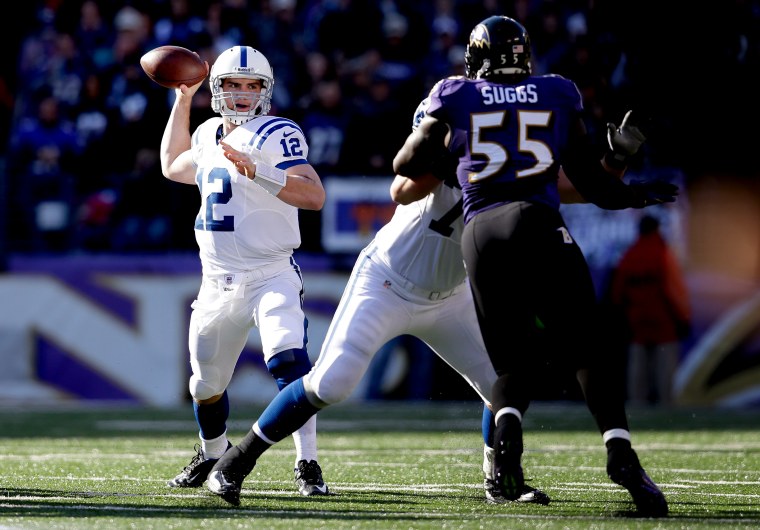 Image: Indianapolis Colts quarterback Andrew Luck throws a pass against the Baltimore Ravens in 2013.