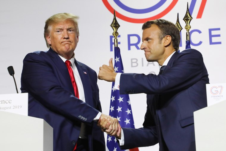 Image: France's President Emmanuel Macron and President Donald Trump during a joint-press conference at the G7 Summit in Biarritz, France