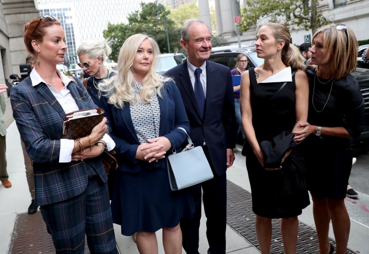 Image: Lawyer David Boies arrives with clients, including Virginia Giuffre, second from left, to a hearing in the criminal case against Jeffrey Epstein in New York on Aug. 27, 2019.