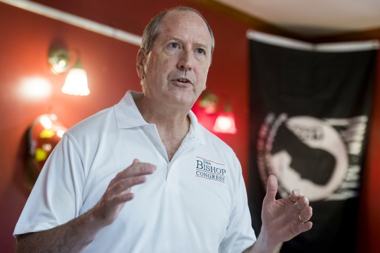 Image: Dan Bishop, the Republican candidate for senate in North Carolina's 9th District, speaks with supporters in Hope Mills on Aug. 10, 2019.