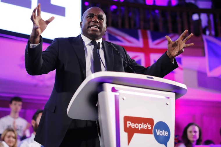 Image: Britain's Labour party MP David Lammy addresses the Peoples Vote Rally: "The wind is changing on Brexit", in Westminster, central London
