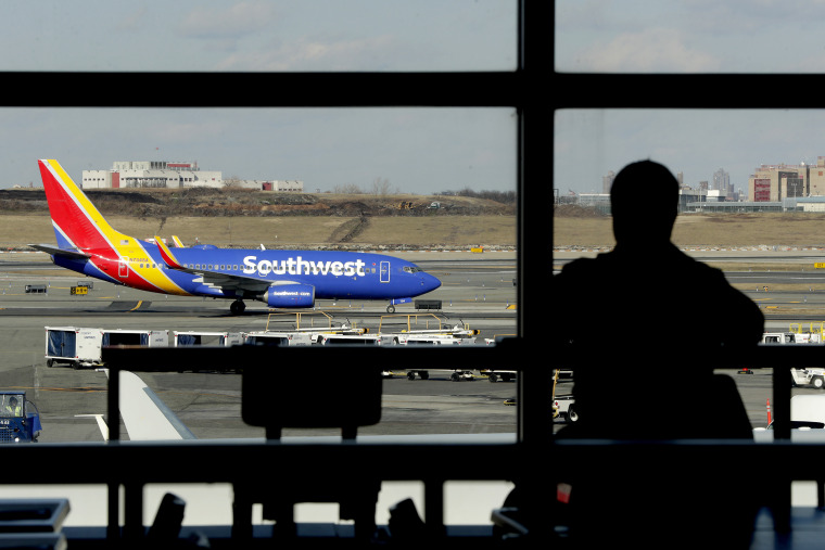 A Southwest Airlines jet moves on the runway at LaGuardia Airport