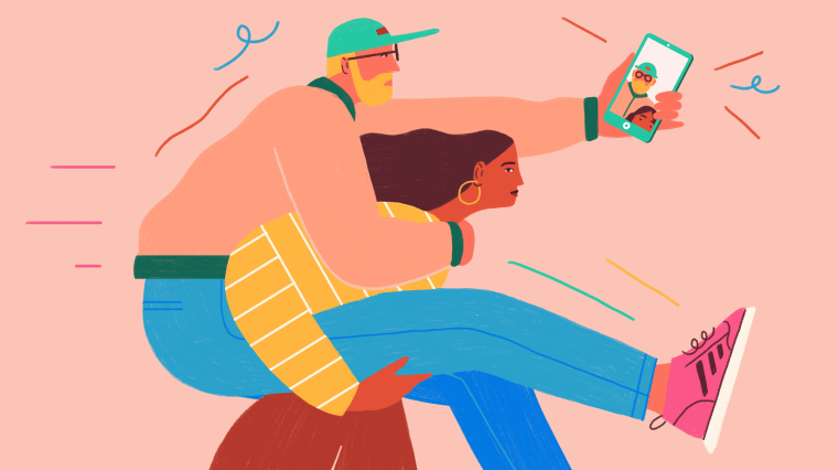 Illustration of woman carrying man while he takes a selfie.