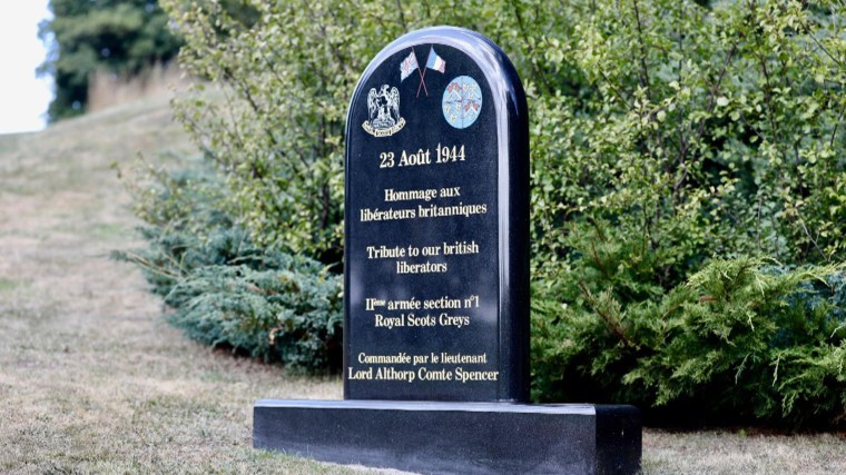 A memorial stone honoring Lt. Althorp and his men. To this day, villagers remember and pay tribute to the British soldiers who freed them from the Germans. 