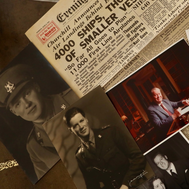 Photos of Charles Spencer's father, John Spencer, who, as a 20-year-old lieutenant in the British army, help to liberate two villages in Normandy, France, during World War II. 