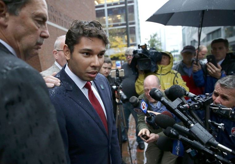 Fall River Mayor Jasiel Correia speaks to the media after leaving federal court, in Boston on Oct. 11, 2018.