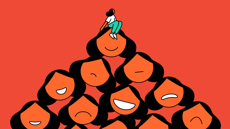 Illustration of person sitting on a pile of heads.