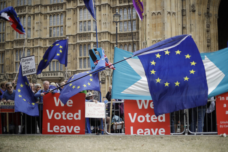 Image: \"Leave\" and \"Remain\" supporters try to block the banners of opposing demonstrators in Parliament Square