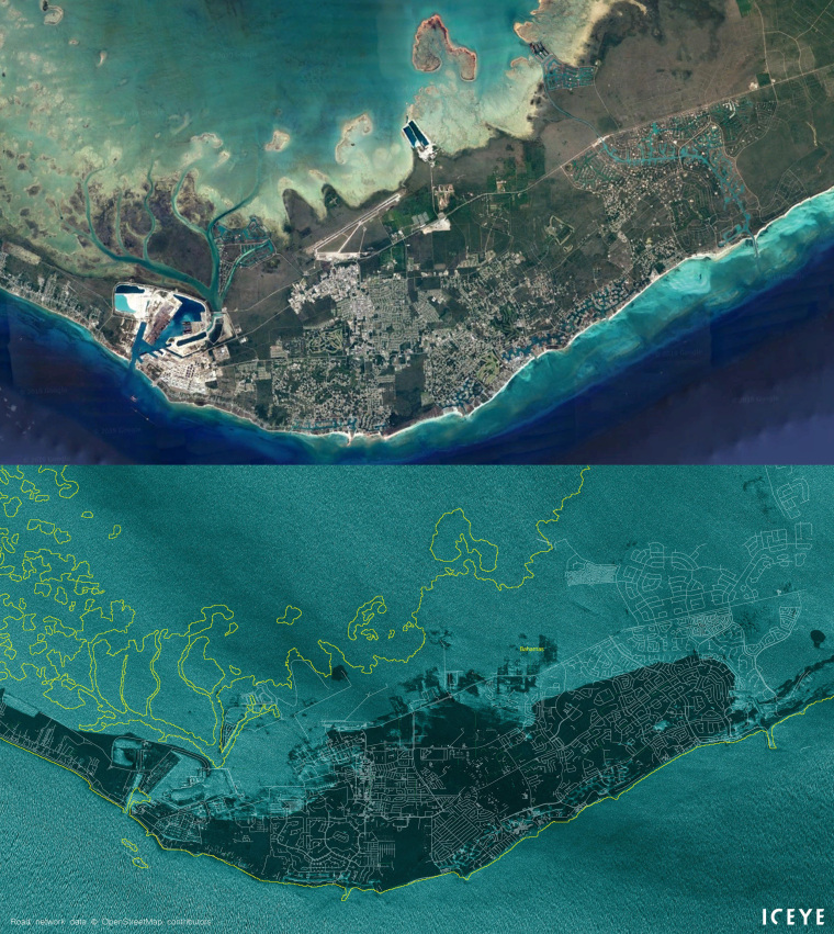 A photo from a next-generation satellite, bottom, gave a first look at heavy flooding across the Bahamas from Hurricane Dorian.