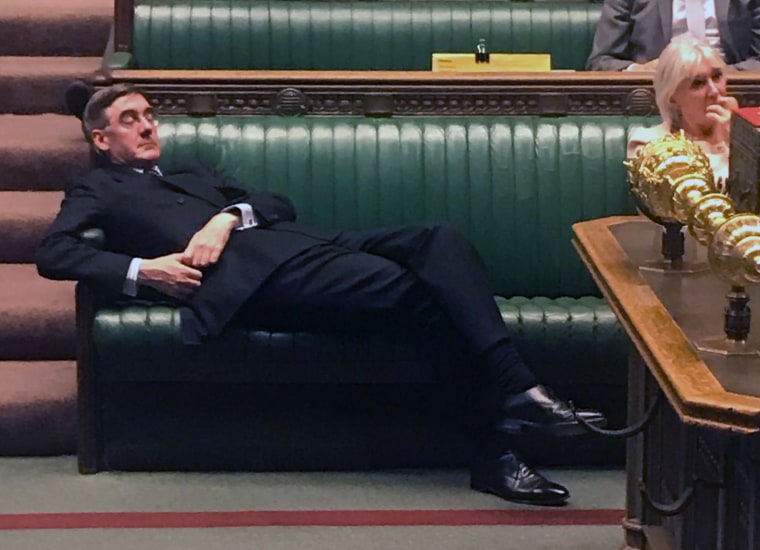 Image: Britain's Leader of the House of Commons Jacob Rees-Mogg relaxing on the front benches during the Standing Order 24 emergency debate on a no-deal Brexit in the House of Commons in London