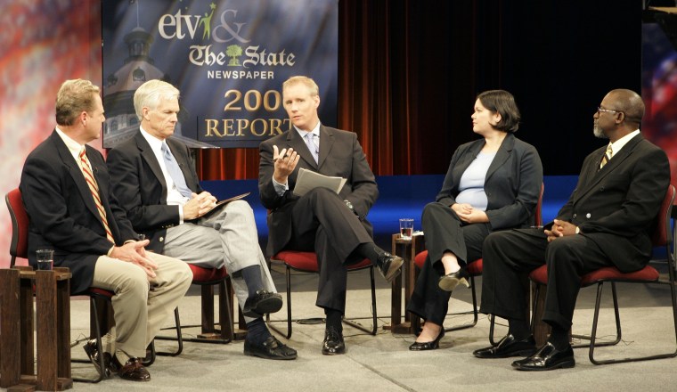 McKrae Game, president of Truth Ministries, Sen. Mike Fair, R- Greenville, Andrew Gobeil of ETV, Asha Leong, South Carolina Equality Coalition, and Rev. Bennie Colclough, Trinity AME Church, participate in a discussion on Oct. 11, 2006, in Columbia, S.C., on a constitutional amendment to outlaw gay marriage in South Carolina.