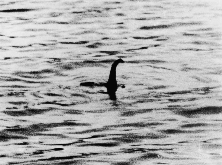 Image: A shadowy shape that some people say is a photo of the Loch Ness Monster, near Inverness, Scotland, April 19, 1934.