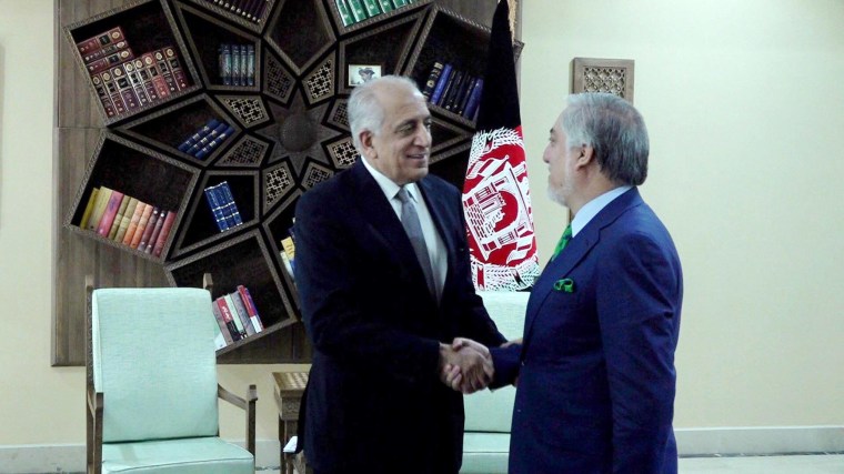Image: U.S. special representative for Afghanistan, Zalmay Khalilzad, left, shakes hands with Afghanistan's Chief Executive Abdullah Abdullah in Kabul, Afghanistan