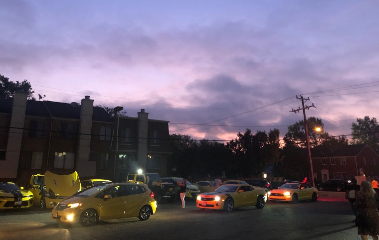 Yellow vehicles line the street in Alexandria, Virginia, for a Bumblebee themed birthday party in Alexandria, Virginia, on Sept. 11, 2019.