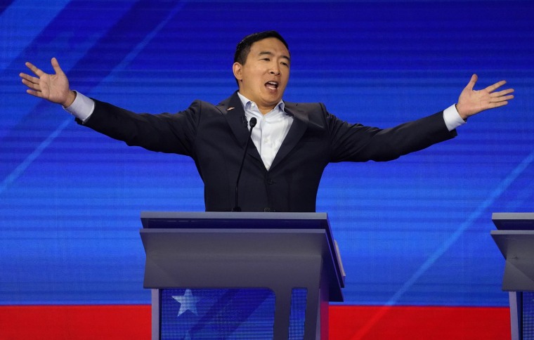 Image: Entrepreneur Andrew Yang reacts at the 2020 Democratic U.S. presidential debate in Houston, Texas, U.S.