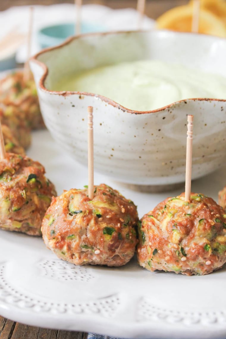 SPICED TURKEY AND ZUCCHINI MEATBALLS WITH BASIL YOGURT SAUCE