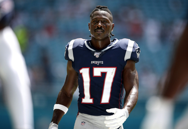 Image: Antonio Brown of the New England Patriots warms up before a game in Miami on Sept. 15, 2019.