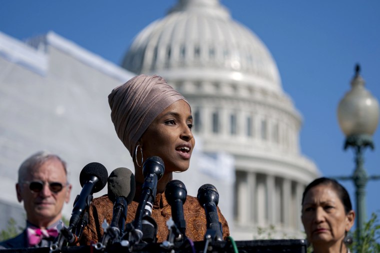 Image: Rep. Ilhan Omar, D-Minn., speaks outside of the Capitol on July 25, 2019.