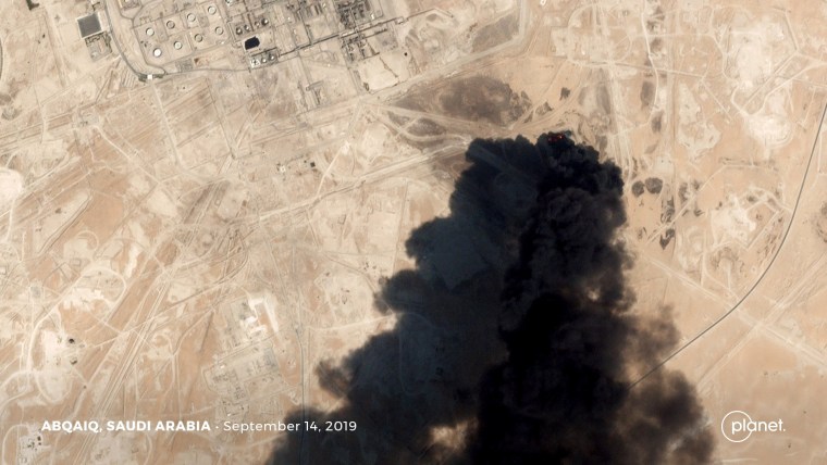 Image: A satellite image shows an apparent drone strike on the Aramco oil facility in Saudi Arabia on Sept. 14, 2019.