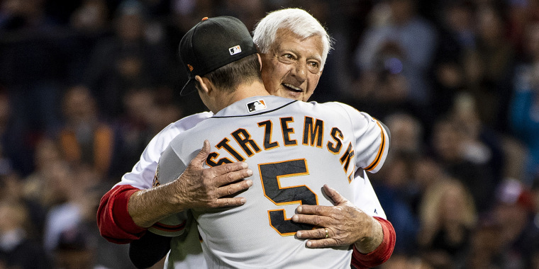 Carl Yastrzemski (Boston Red Sox) and his grandson Mike Yastrzemski (SF  Giants) at Fenway Park, Boston, M…