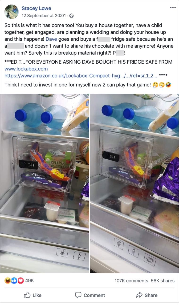 LAIRY MILK! FURIOUS CHOCOLATE ADDICT RETURNS HOME TO FIND HUBBY-TO-BE HAS INSTALLED FRIDGE SAFE TO STOP HER FROM STEALING HIS TREATS