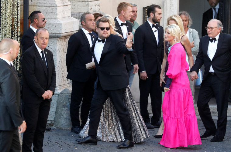 Image: James Corden arrives to attend the wedding of fashion designer Misha Nonoo at Villa Aurelia in Rome