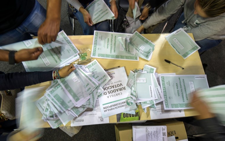 Image: Votes are counted at the end of a referendum in Bogota