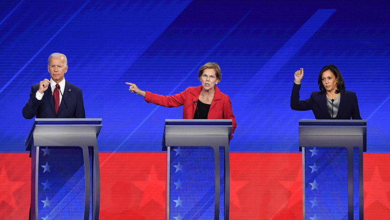 Image: Democratic presidential candidates former Vice President Joe Biden, Massachusetts Sen. Elizabeth Warren and California Sen. Kamala Harris