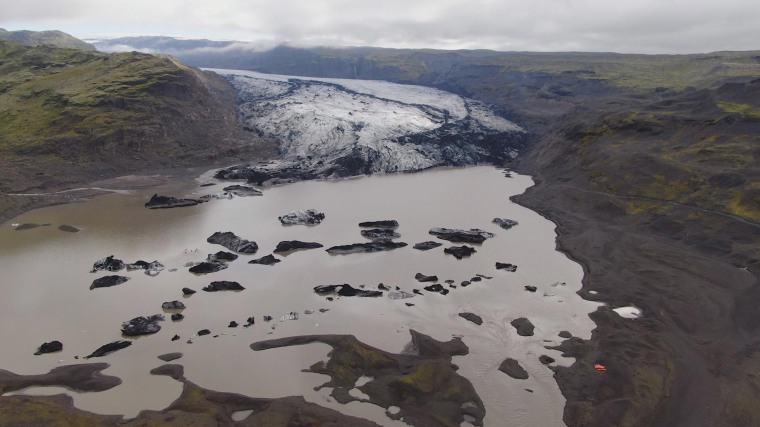 Image: The lagoon at the base the Solheimajokull Glacier in Iceland.
