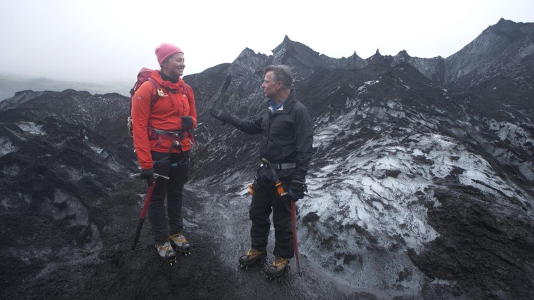 Image: Richard Engel and Sigurros Arnardottir, a masters student in glacial geology at the University of Iceland, atop the Solheimajokull Glacier in Iceland.