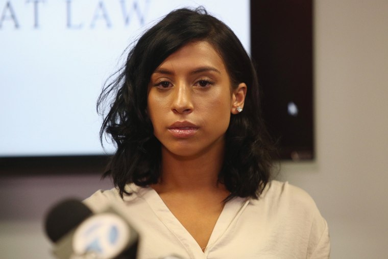 Image: Montia Sabbag speaks regarding the alleged attack on her character after accusations that Sabbag attempted to extort comedian Kevin Hart during a press conference held at The Bloom Firm